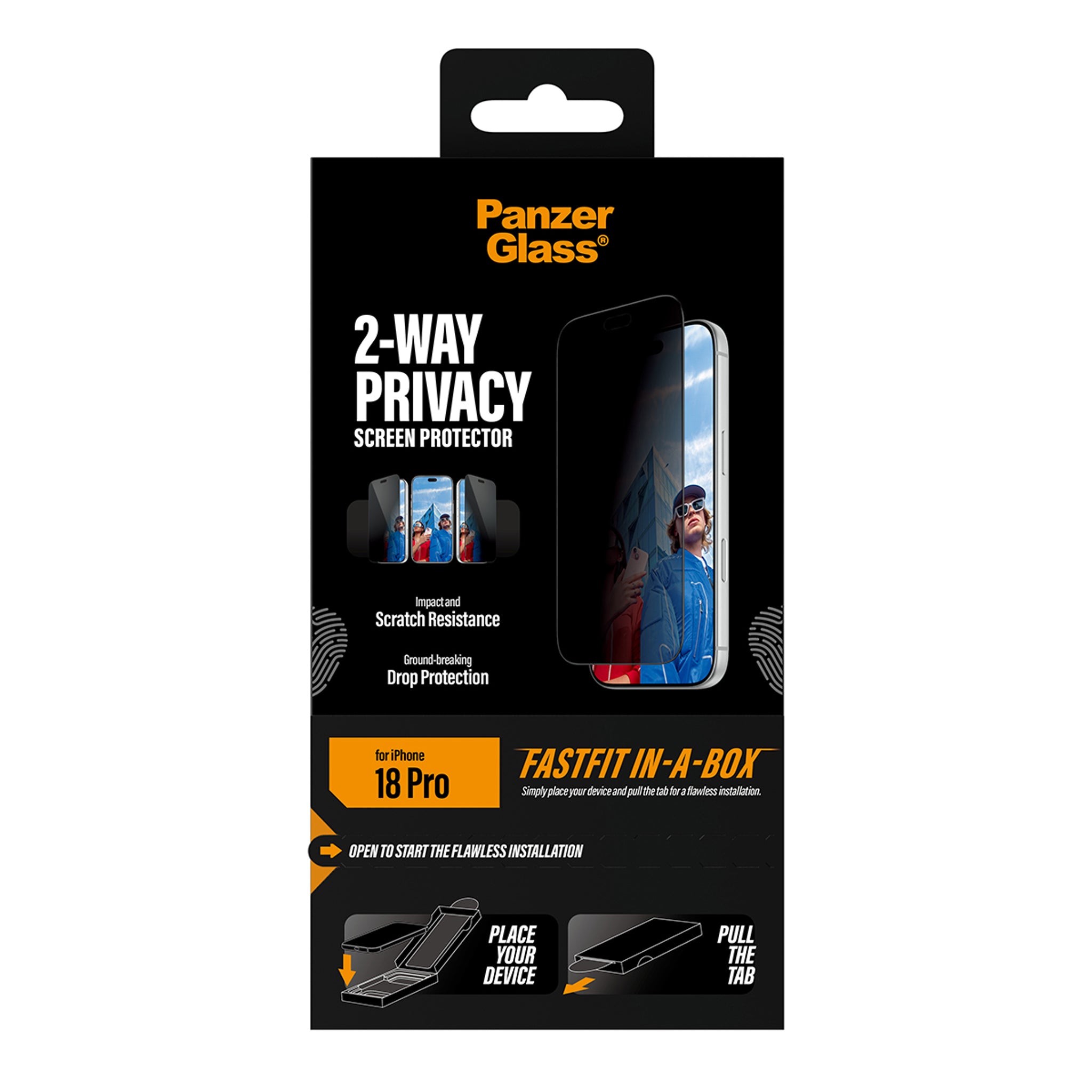 PanzerGlass® 2-Way Privacy Skærmbeskyttelse iPhone 18 Pro | Ultra-Wide Fit m. FASTFIT IN-A-BOX